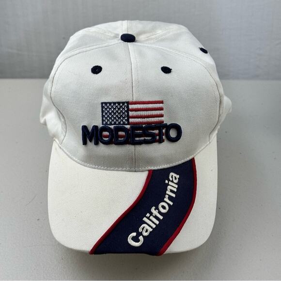 Modesto California %100 Cotton White Baseball Cap Patriotic Hat One-Size - Picture 1 of 4